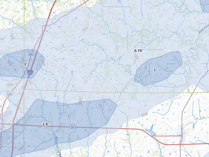 NEXRAD radar-signature map of the hail over Kidder, MO