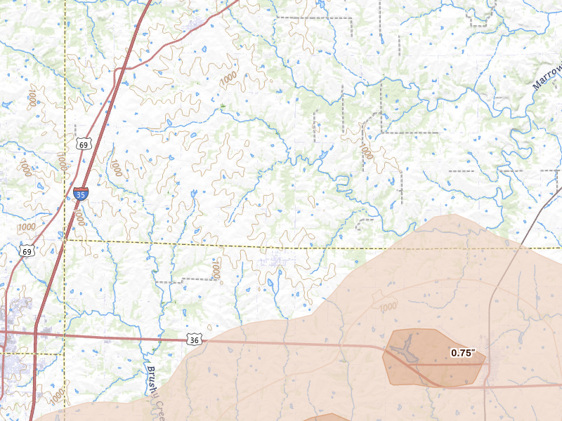 Radar-estimated hail-size map of the storm over Kidder, MO on Apr 26, 2026