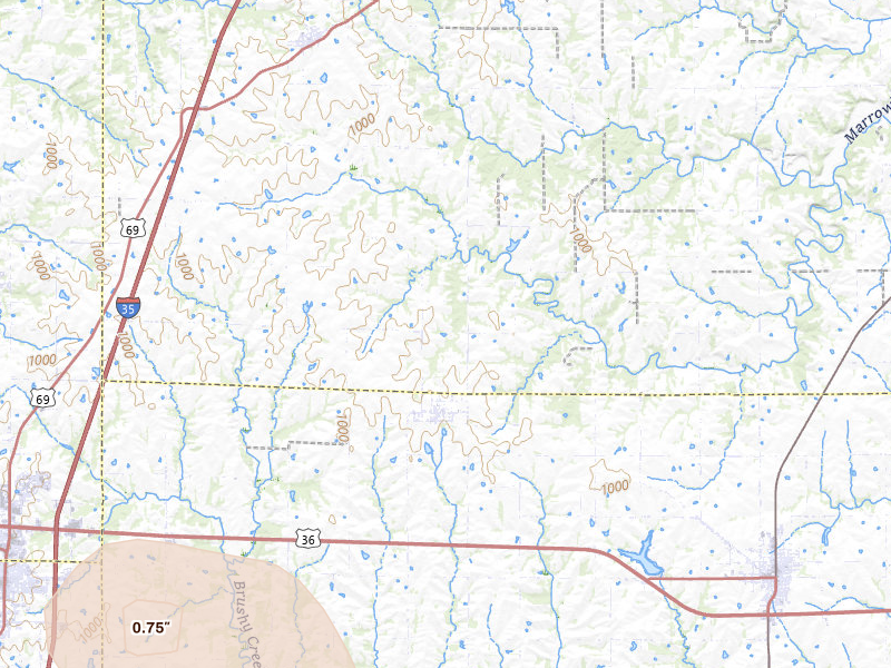 Radar-estimated hail-size map of the storm over Kidder, MO on May 29, 2026