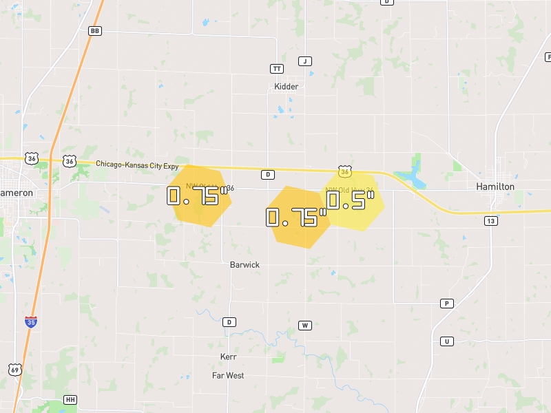 Hail map of Kidder, MO on Jul 10, 2026, hail up to 0.75"