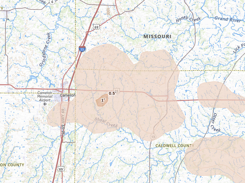 Radar-estimated hail-size map of the storm over Kidder, MO on Aug 8, 2026