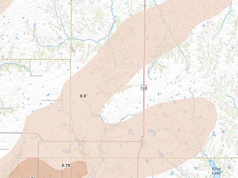 Radar-estimated hail-size map of the storm over King City, MO on Apr 17, 2026