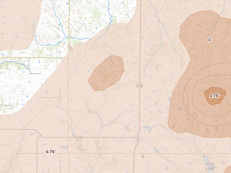 Radar-estimated hail-size map of the storm over King City, MO on May 16, 2026