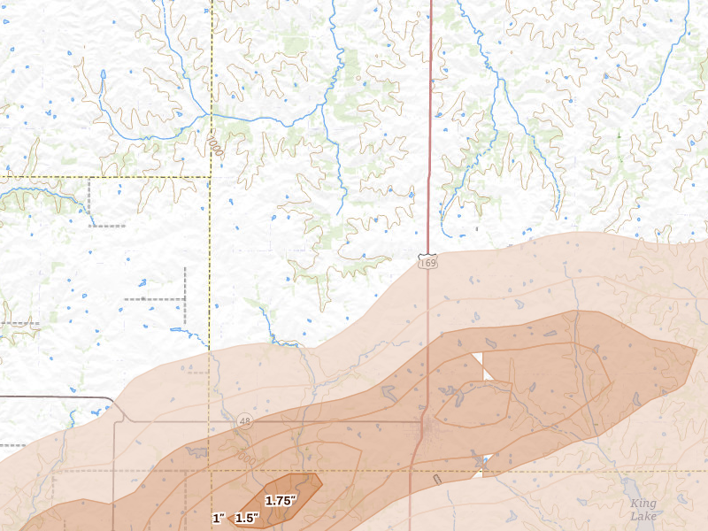 Radar-estimated hail-size map of the storm over King City, MO on Jun 4, 2026