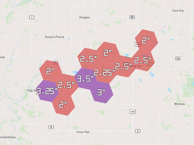 Hail map of King City, MO on Jun 4, 2026, hail up to 3.5"