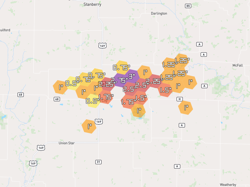 Hail map of King City, MO on Jun 5, 2026, hail up to 3"
