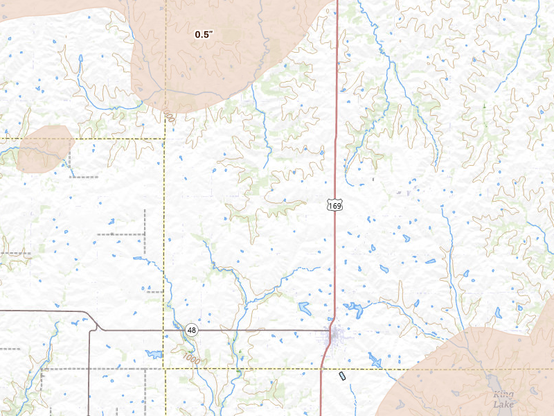 Radar-estimated hail-size map of the storm over King City, MO on Jun 10, 2026