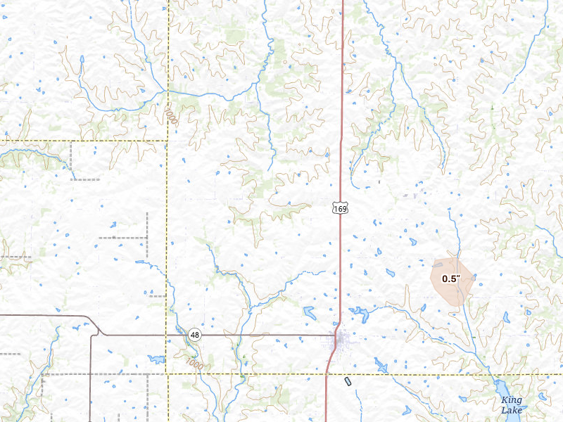 Radar-estimated hail-size map of the storm over King City, MO on Jul 25, 2026