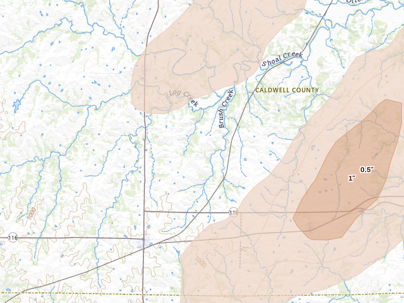 Radar-estimated hail-size map of the storm over Kingston, MO on Apr 17, 2026