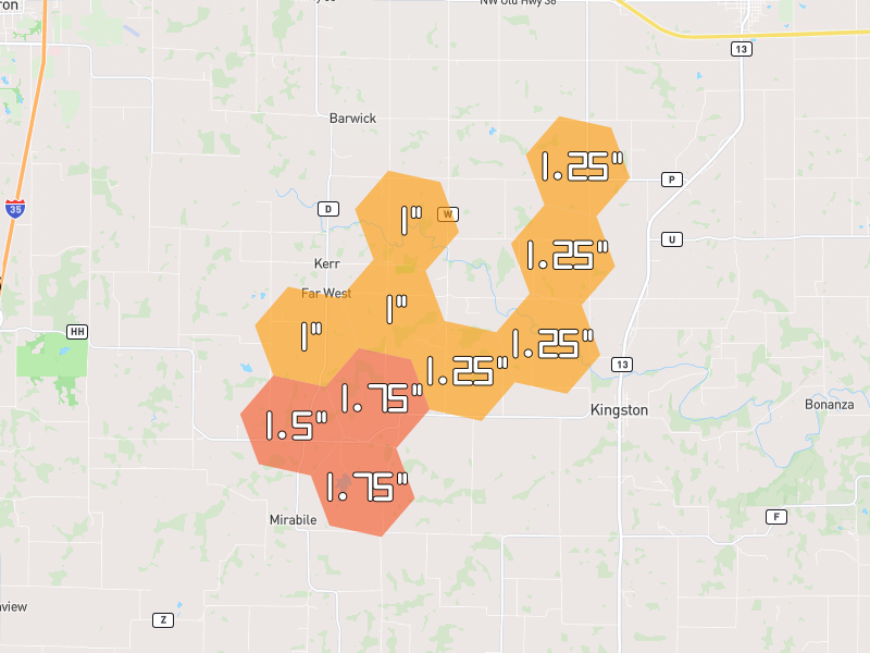 Hail map of Kingston, MO on Jun 1, 2026, hail up to 1.75"