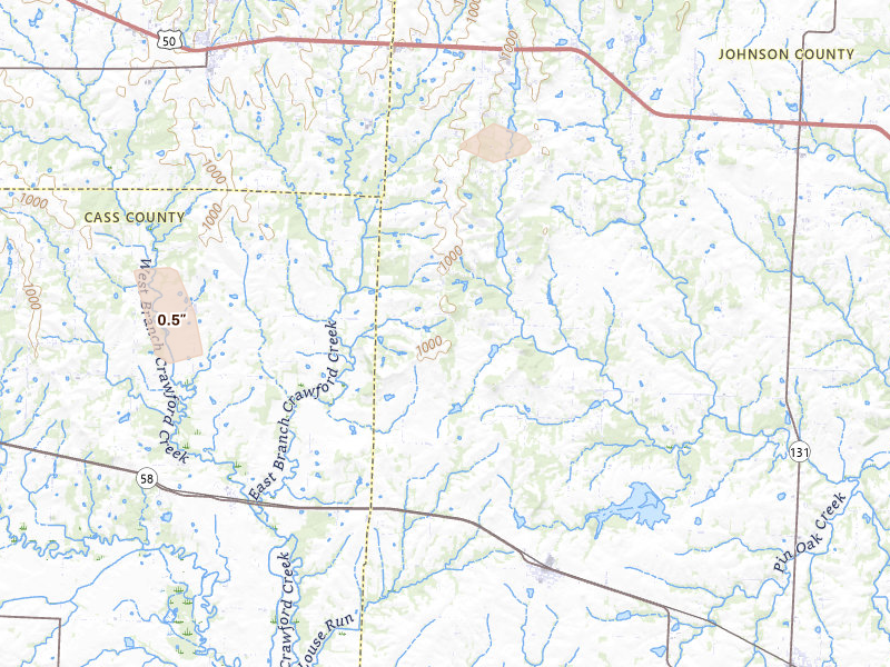 Radar-estimated hail-size map of the storm over Kingsville, MO on Mar 10, 2026