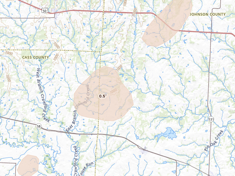 Radar-estimated hail-size map of the storm over Kingsville, MO on Apr 17, 2026