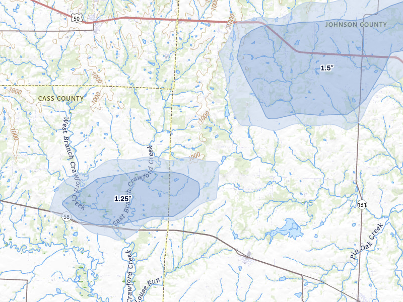NEXRAD radar-signature map of the hail over Kingsville, MO