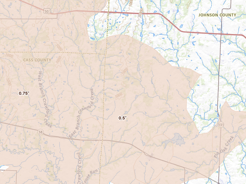 Radar-estimated hail-size map of the storm over Kingsville, MO on Apr 26, 2026