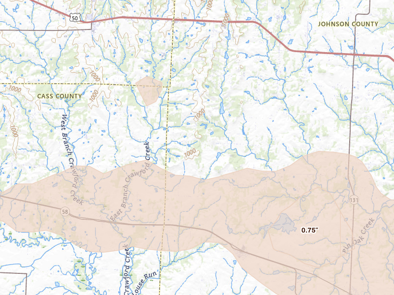 Radar-estimated hail-size map of the storm over Kingsville, MO on Jun 12, 2026