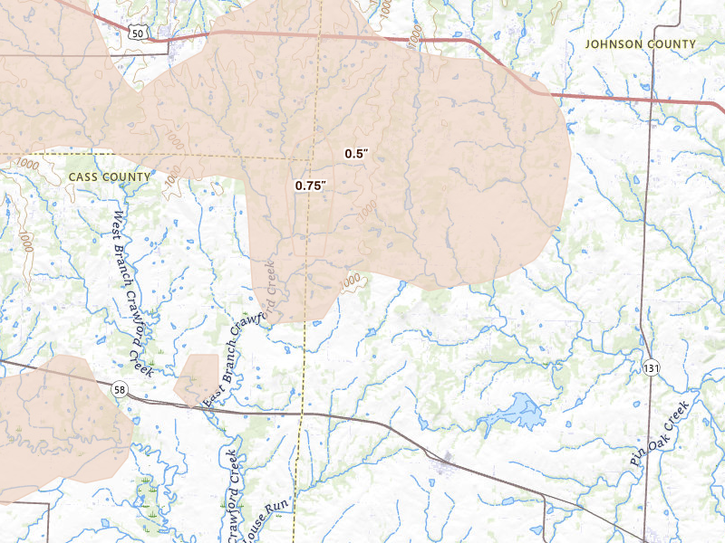 Radar-estimated hail-size map of the storm over Kingsville, MO on Jul 8, 2026