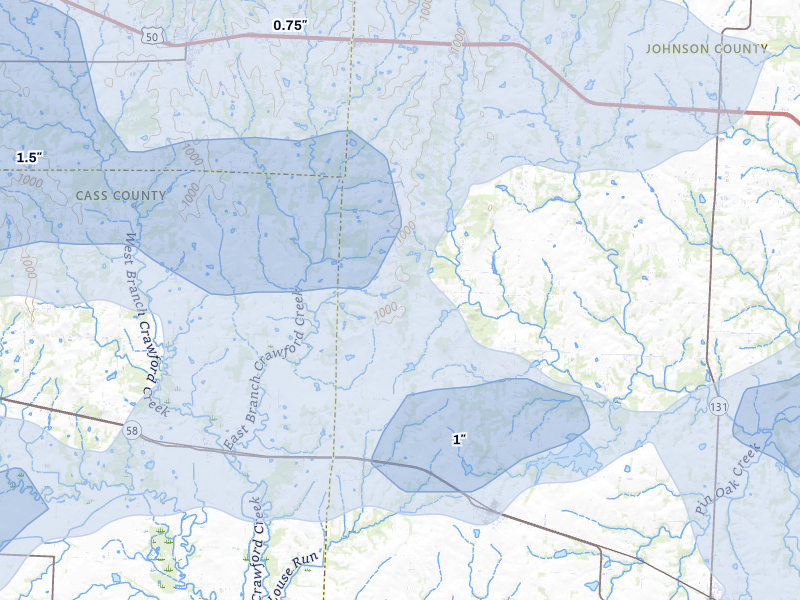 NEXRAD radar-signature map of the hail storm over Kingsville, MO on Jul 8, 2026