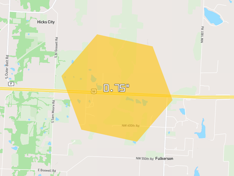 Hail map of Kingsville, MO on Jul 9, 2026, hail up to 0.75"