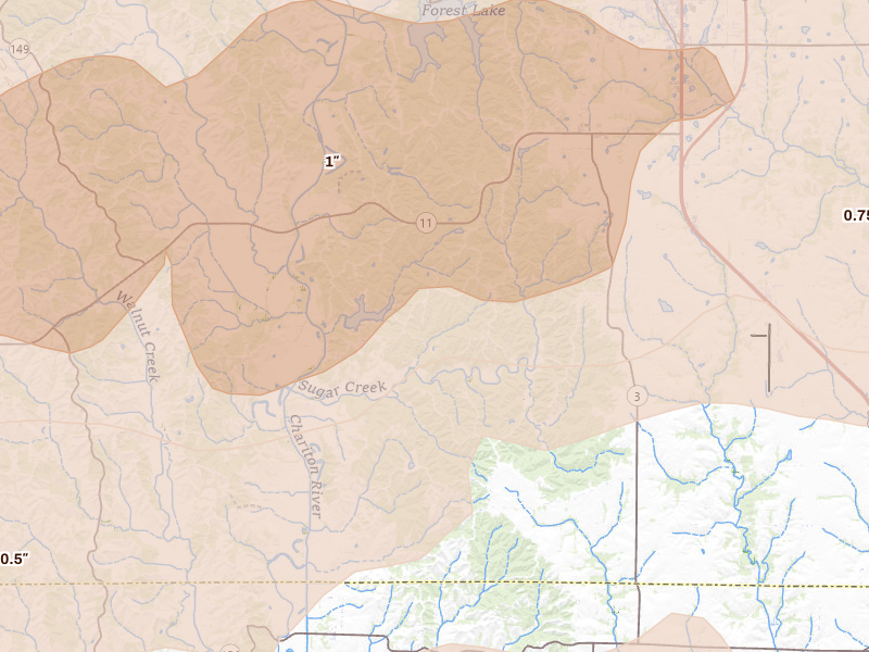 Radar-estimated hail-size map of the storm over Kirksville, MO on Jun 10, 2026