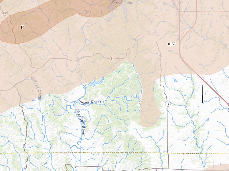 Radar-estimated hail-size map of the storm over Kirksville, MO on Jun 11, 2026