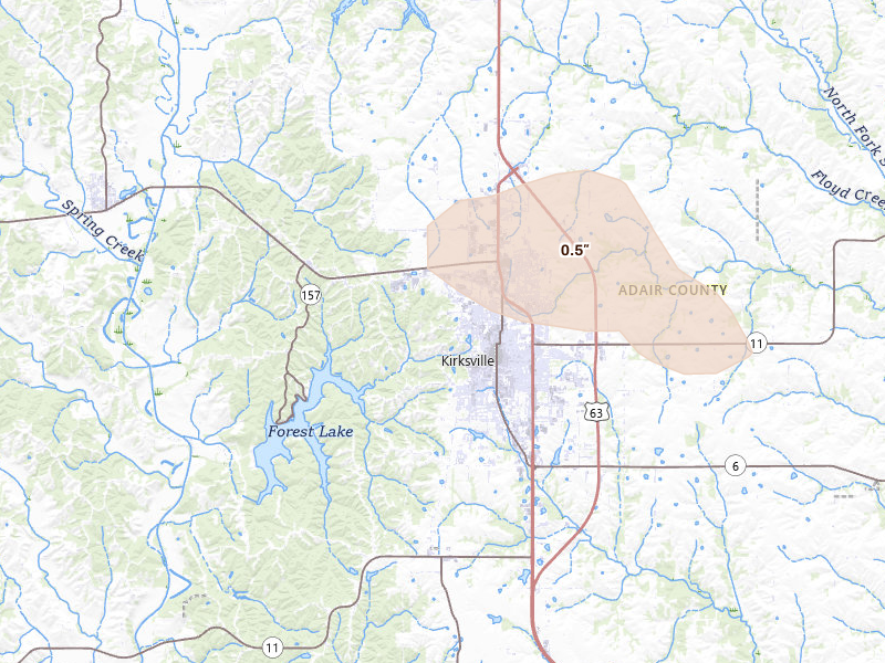 Radar-estimated hail-size map of the storm over Kirksville, MO on Aug 12, 2026