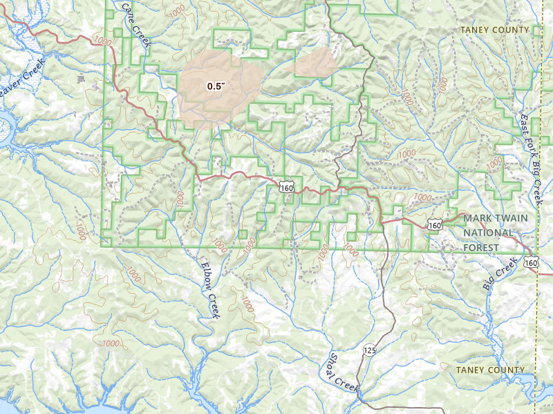 Radar-estimated hail-size map of the storm over Kissee Mills, MO on Jul 6, 2026