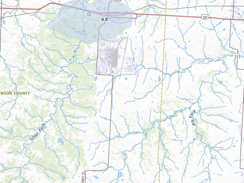 NEXRAD radar-signature map of the hail storm over Knob Noster, MO on May 15, 2026