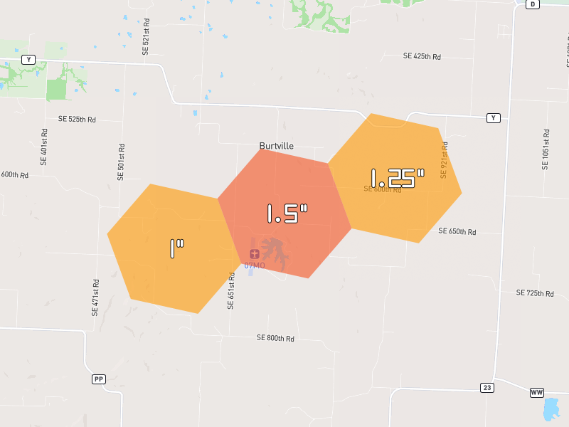 Hail map of Knob Noster, MO on Jul 9, 2026, hail up to 1.5"