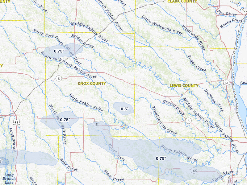 NEXRAD radar-signature map of the hail over Knox City, MO