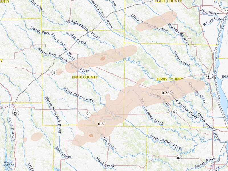 Radar-estimated hail-size map of the storm over Knox City, MO on Apr 13, 2026