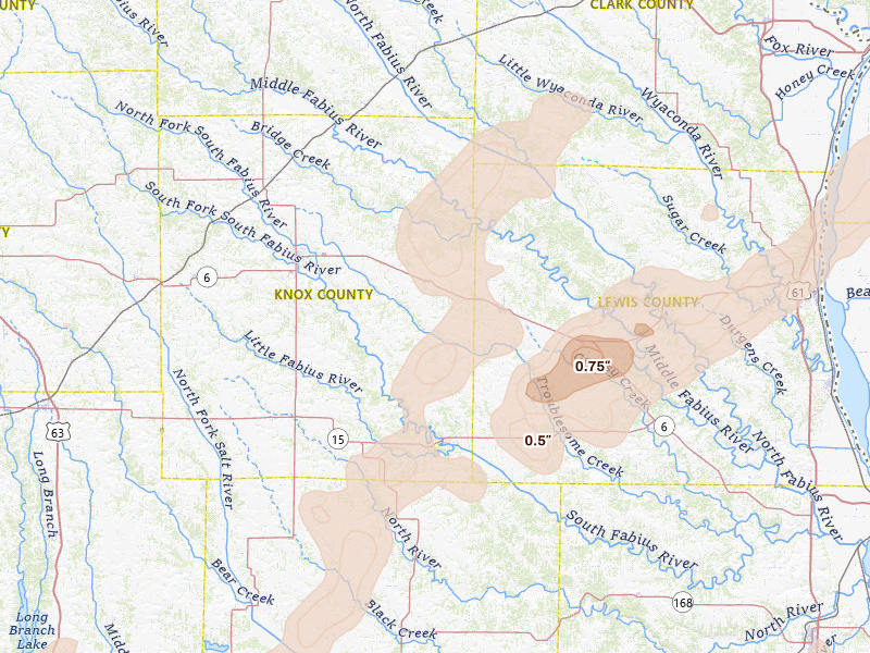 Radar-estimated hail-size map of the storm over Knox City, MO on Apr 17, 2026