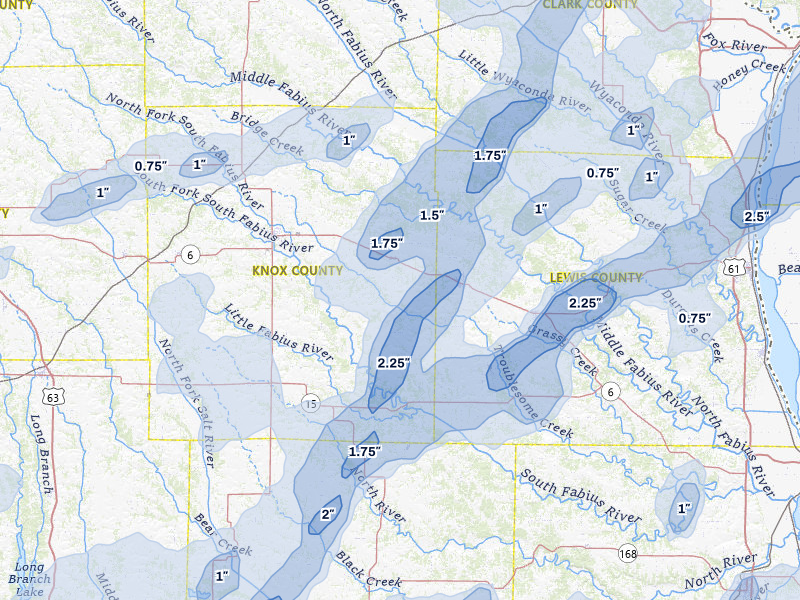 NEXRAD radar-signature map of the hail over Knox City, MO