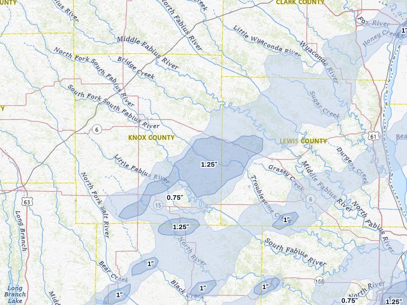NEXRAD radar-signature map of the hail over Knox City, MO