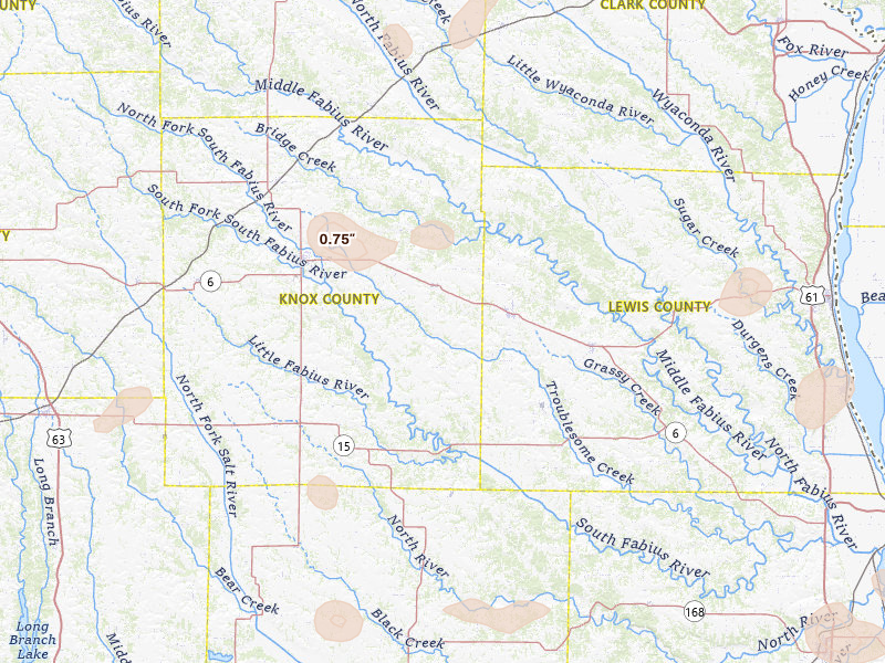 Radar-estimated hail-size map of the storm over Knox City, MO on May 16, 2026