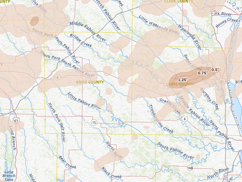 Radar-estimated hail-size map of the storm over Knox City, MO on Jun 10, 2026