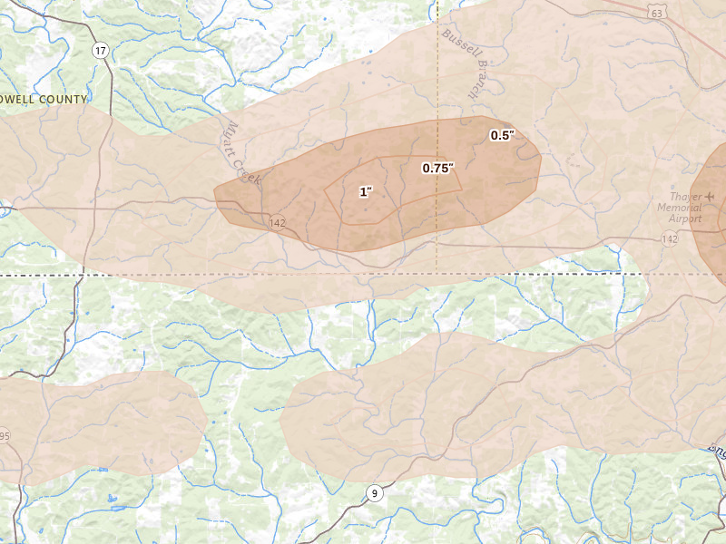 Radar-estimated hail-size map of the storm over Koshkonong, MO on Apr 16, 2026