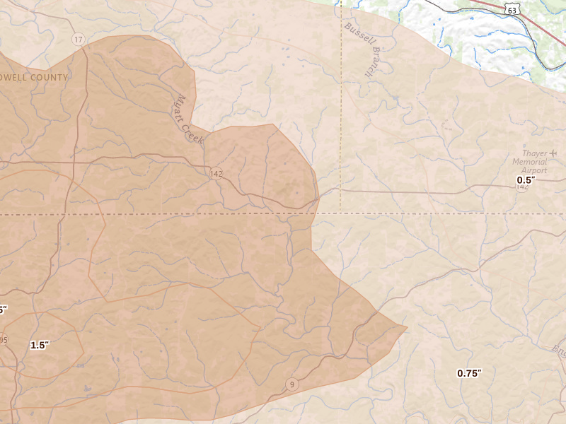 Radar-estimated hail-size map of the storm over Koshkonong, MO on Apr 27, 2026