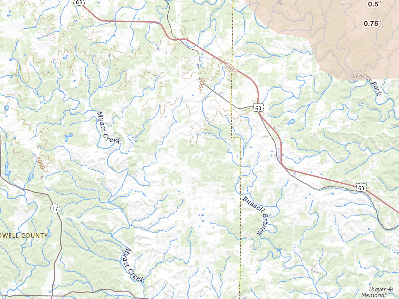 Radar-estimated hail-size map of the storm over Koshkonong, MO on Jun 13, 2026