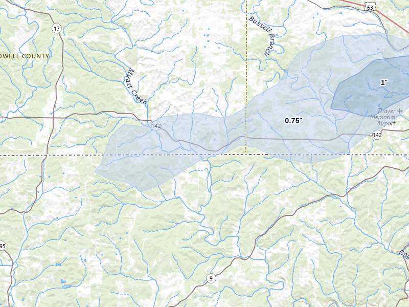 NEXRAD radar-signature map of the hail storm over Koshkonong, MO on Jul 10, 2026