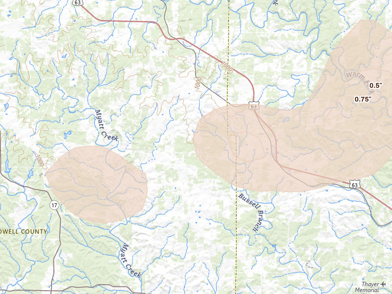 Radar-estimated hail-size map of the storm over Koshkonong, MO on Aug 26, 2026