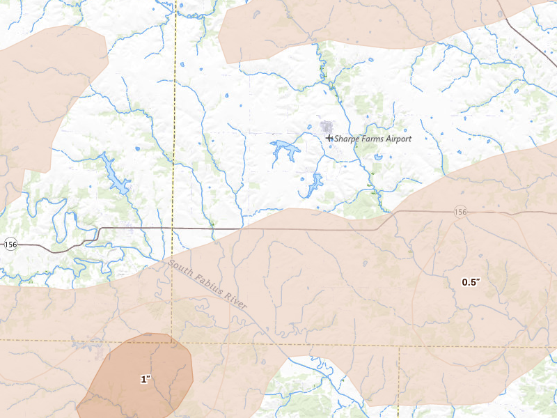 Radar-estimated hail-size map of the storm over La Belle, MO on Mar 10, 2026