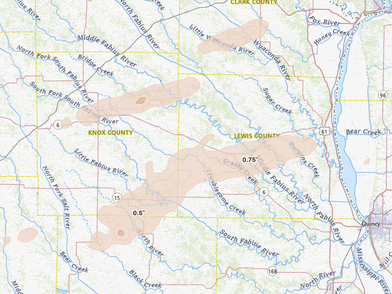 Radar-estimated hail-size map of the storm over La Belle, MO on Apr 13, 2026