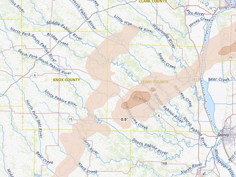 Radar-estimated hail-size map of the storm over La Belle, MO on Apr 17, 2026