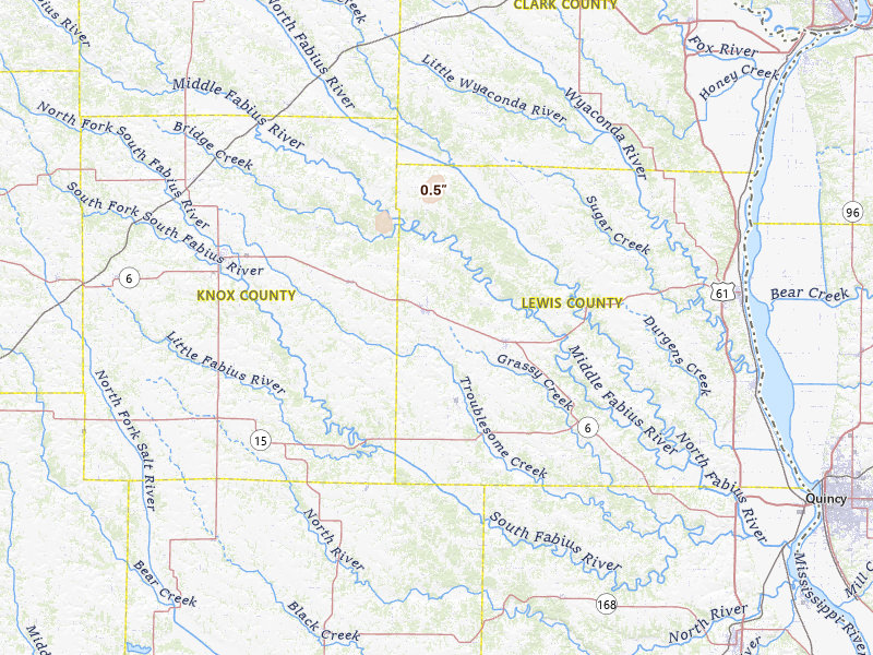 Radar-estimated hail-size map of the storm over La Belle, MO on May 18, 2026