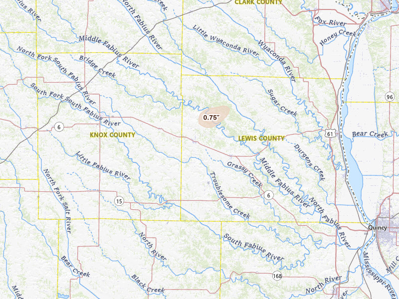 Radar-estimated hail-size map of the storm over La Belle, MO on Jun 9, 2026