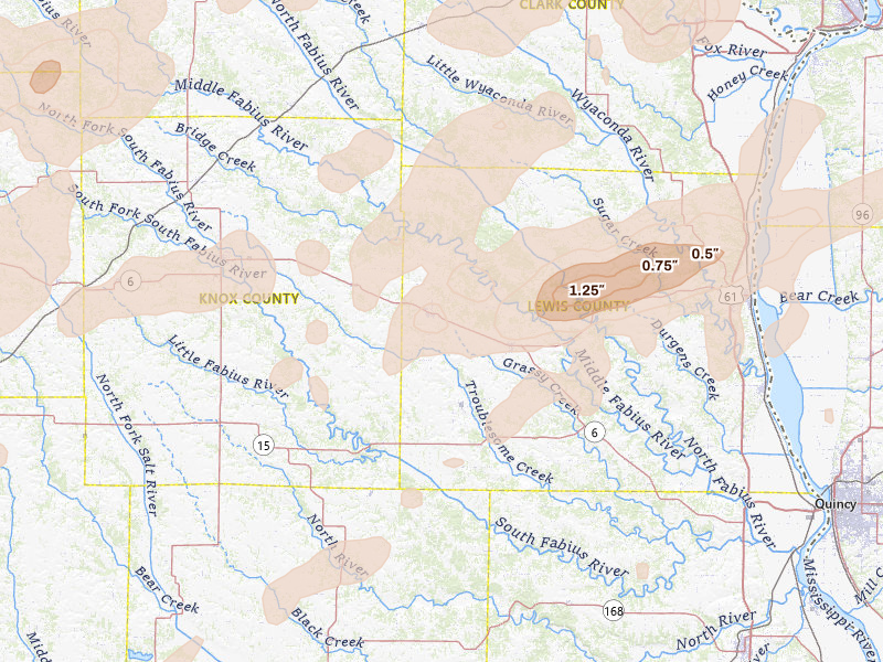 Radar-estimated hail-size map of the storm over La Belle, MO on Jun 10, 2026