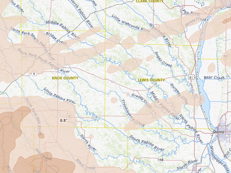 Radar-estimated hail-size map of the storm over La Belle, MO on Jun 11, 2026