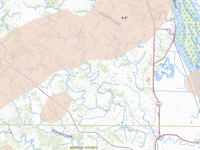 Radar-estimated hail-size map of the storm over La Grange, MO on Mar 10, 2026