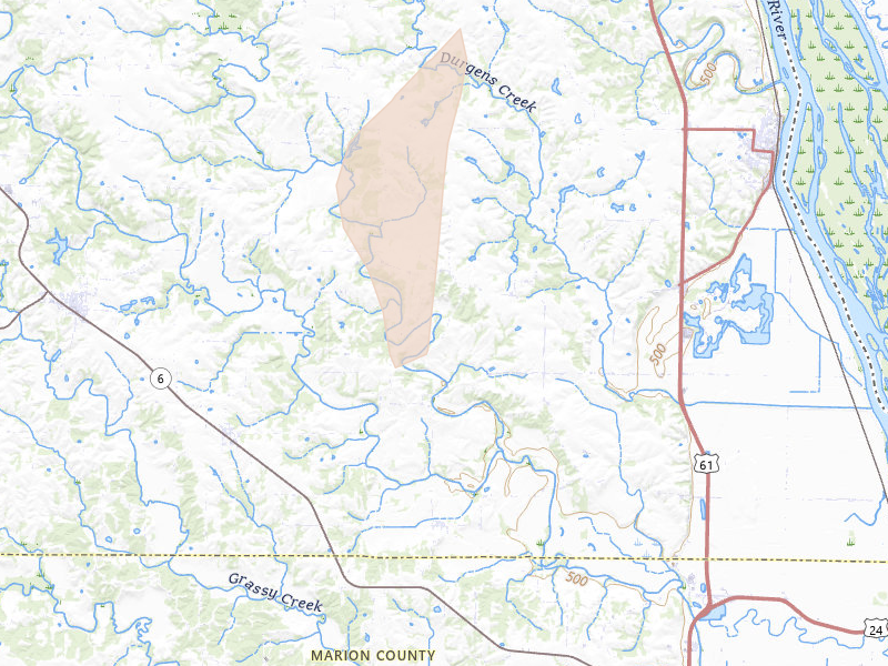 Radar-estimated hail-size map of the storm over La Grange, MO on Apr 27, 2026