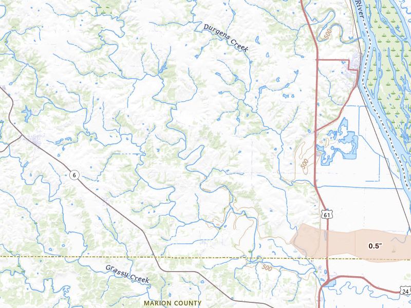 Radar-estimated hail-size map of the storm over La Grange, MO on May 14, 2026